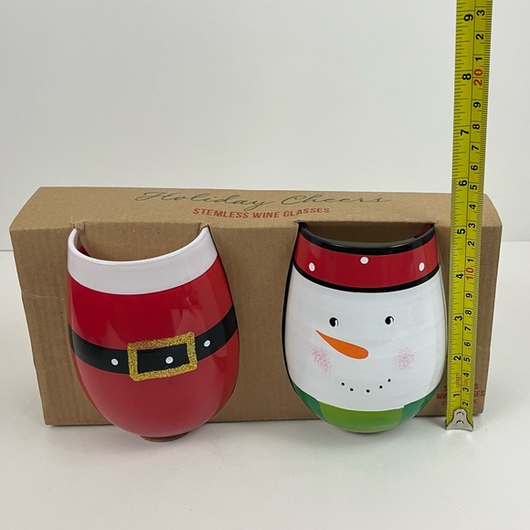 Holiday Cheer Stemless Wine Glasses Santa Snowman Christmas Set of 2 NEW - Picture 9 of 11